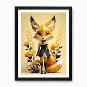 Low Poly Floral Fox Girl, Black And Yellow (7) Art Print