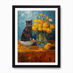 Still Life Of Marigold With A Cat 2 Art Print