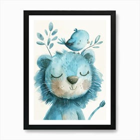 Small Joyful Lion With A Bird On Its Head 17 Art Print