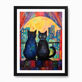 Two Black Cats With A City Scape Background 2 Art Print