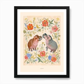 Folksy Floral Animal Drawing Hippo 2 Poster Art Print