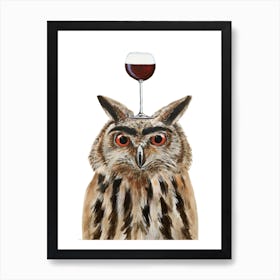 Owl With Wineglass Art Print