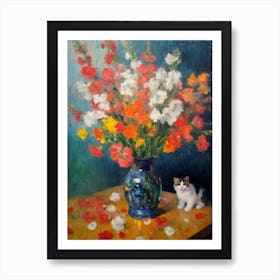 Snapdragons With A Cat 2 Art Print