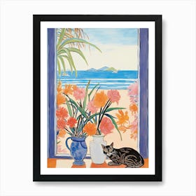Cat With Birth Of Paradise Flowers Watercolor Mothers Day Valentines 3 Art Print