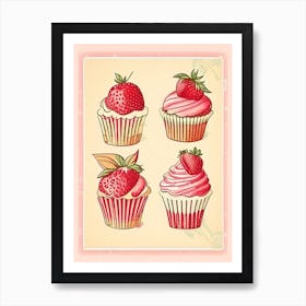 Strawberry Cupcakes, Dessert, Food Vintage Sketch 1 Art Print