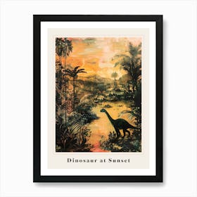 Dinosaur At Sunset By The River Poster Art Print