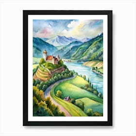 Watercolor Of A Castle In The Mountains Art Print