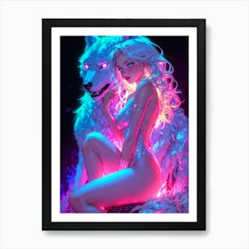 Neon wolf — a captivating creature in vibrant colors, she embodies beauty and wildness in the fantastical realm. Art Print