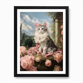 Rococo Style Cat With Pink Peonies 1 Art Print