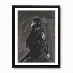 Two Crows - ink vertical gray black hand painted birds Art Print