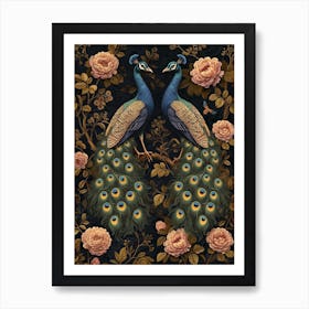 Two Peacocks Floral Wallpaper 2 Art Print