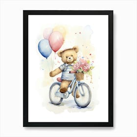 Bicycling Teddy Bear Painting Watercolour 2 Art Print
