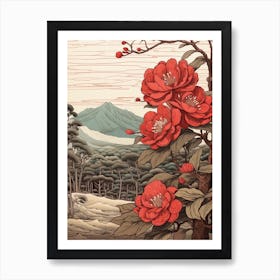 Higanatsu Red Camellia 3 Japanese Botanical Illustration Art Print