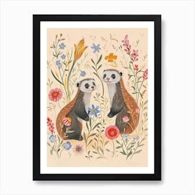 Folksy Floral Animal Drawing Ferret Art Print