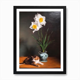 Painting Of A Still Life Of A Daffodils With A Cat, Realism 2 Art Print