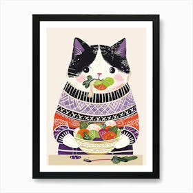 Black And White Cat Eating Salad Folk Illustration 1 Art Print