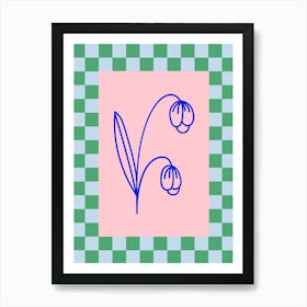 Modern Checkered Flower Poster Blue & Pink 13 Art Print
