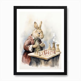 Bunny Playing Chess Rabbit Prints Watercolour 1 Art Print