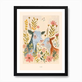 Folksy Floral Animal Drawing Cow 5 Poster Art Print