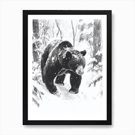 Malayan Sun Bear Walking Through A Snow Covered Forest Ink Illustration 1 Art Print