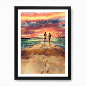 Couple Walking On The Beach At Sunset Art Print