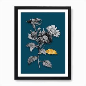 Vintage Red Aster Flowers Black and White Gold Leaf Floral Art on Teal Blue n.0891 Art Print