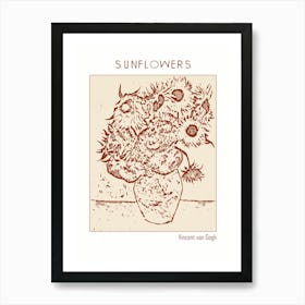 Line Art Minimalist – Sunflowers – Vincent Van Gogh – Classic Painting 1 Art Print