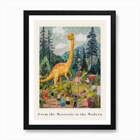 Dinosaur & Children In A Village Painting Poster Art Print