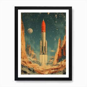 Space Odyssey: Retro Poster featuring Asteroids, Rockets, and Astronauts: Space Rocket Launch 1 Art Print