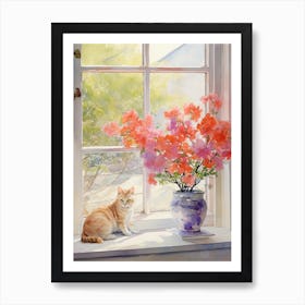 Cat With Azalea Flowers Watercolor Mothers Day Valentines 3 Art Print