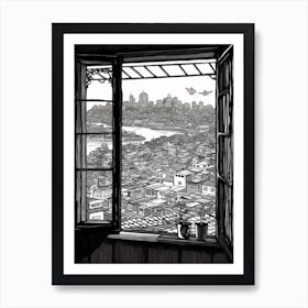 Window View Of Seoul South Korea   Black And White Colouring Pages Line Art 3 Art Print