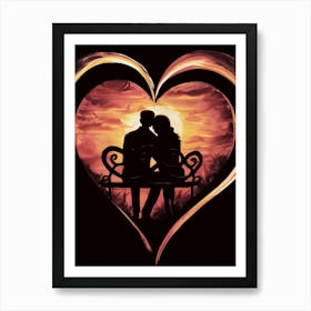 Couple Sitting On Bench At Sunset Art Print