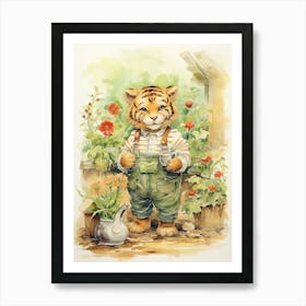 Tiger Illustration Gardening Watercolour 2 Art Print