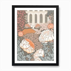 Courtyard With Peonies Orange And Pink 2 Drawing Art Print