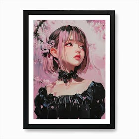 Anime Girl In Black Dress - under sakura Art Print