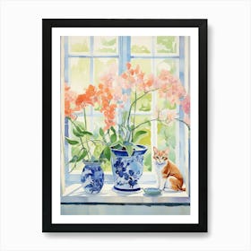 Cat With Peacock Orchid Flowers Watercolor Mothers Day Valentines 2 Art Print