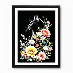 Vintage Graphic Black Cat With Boho Flowers Wildflowers Art Print