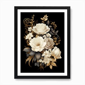 White Roses On Black Background 3 Art Print