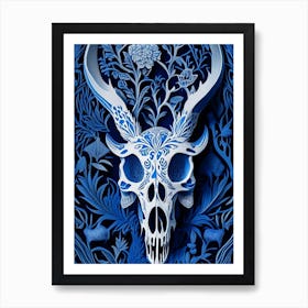 Animal Skull 2 Blue Linocut Art Print