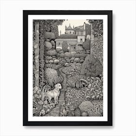 Drawing Of A Dog In Alhambra Gardens, Spain In The Style Of Black And White Colouring Pages Line Art 02 Art Print