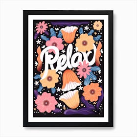 Relax Hand Lettering With Flowers Om Dark Background Square Art Print