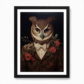 Owl Portrait With Rustic Flowers 1 Art Print