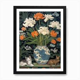 Lillies With A Cat 3 William Morris Style Art Print