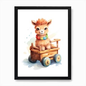 Baby Llama On A Toy Car, Watercolour Nursery 1 Art Print