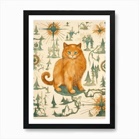 Ginger Cat On Medieval Map With Compasses Art Print