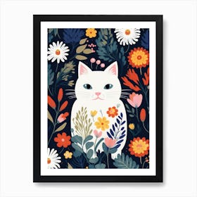 White Cat In Flowers Art Print