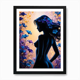 Silhouette of Naked Woman with Floral Frames #2 Art Print