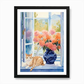 Cat With Bleedeing Heart Flowers Watercolor Mothers Day Valentines 3 Art Print