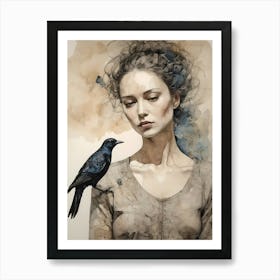 Woman Portrait With A Bird Painting (1) Art Print