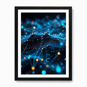 Abstract Net With Glowing Geometric Dots And Grid Waves Connecting Polygons In A Futuristic Infogra Art Print